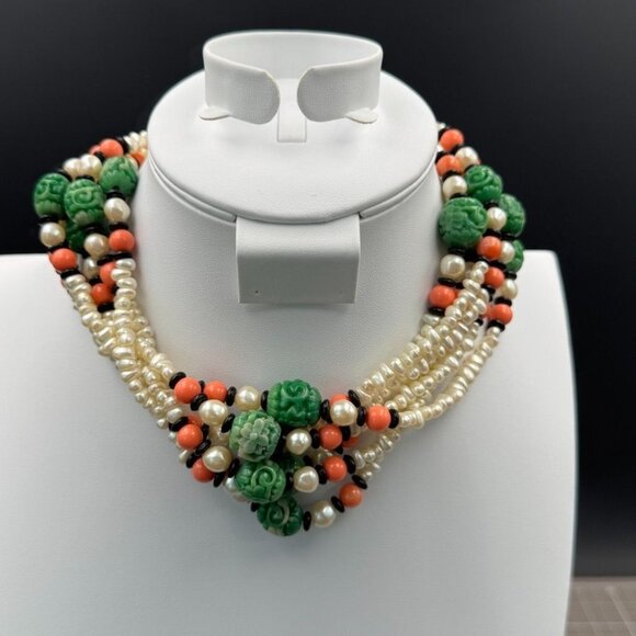 Kenneth Jay Lane KJL 6 Strand Asian Style Costume faux pearl jade onyxNecklace